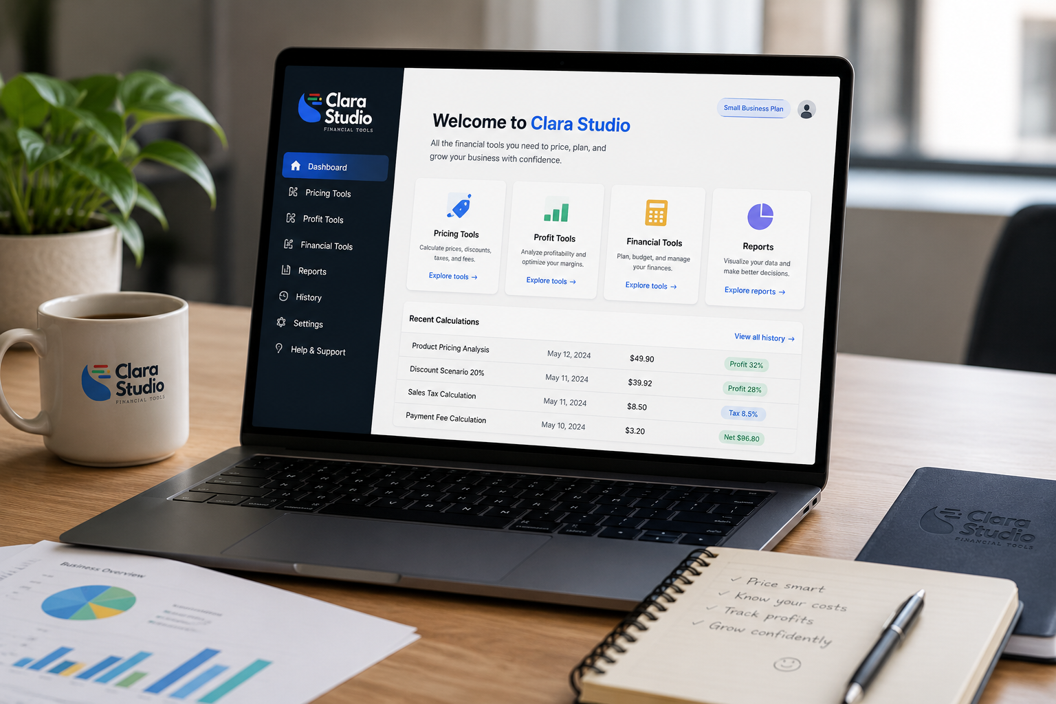 Clara Studio financial tools dashboard preview